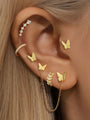 Gold 925 sterling silver earrings with butterfly studs, CZ ear cuff, and chain-linked butterfly jacket.