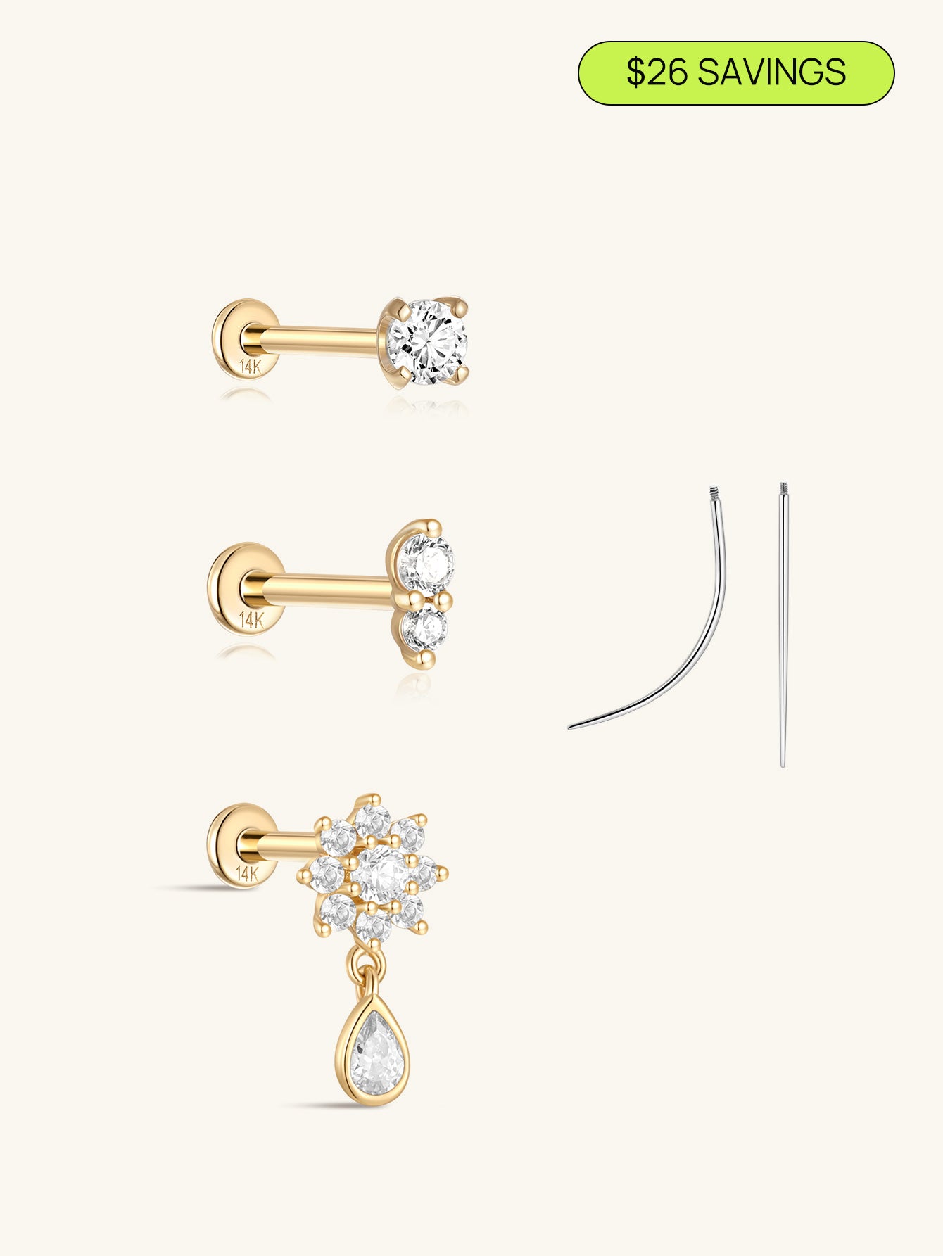 14K Solid Gold Flatback Spring Sparkles Set - Kosinerjewelry-Earrings