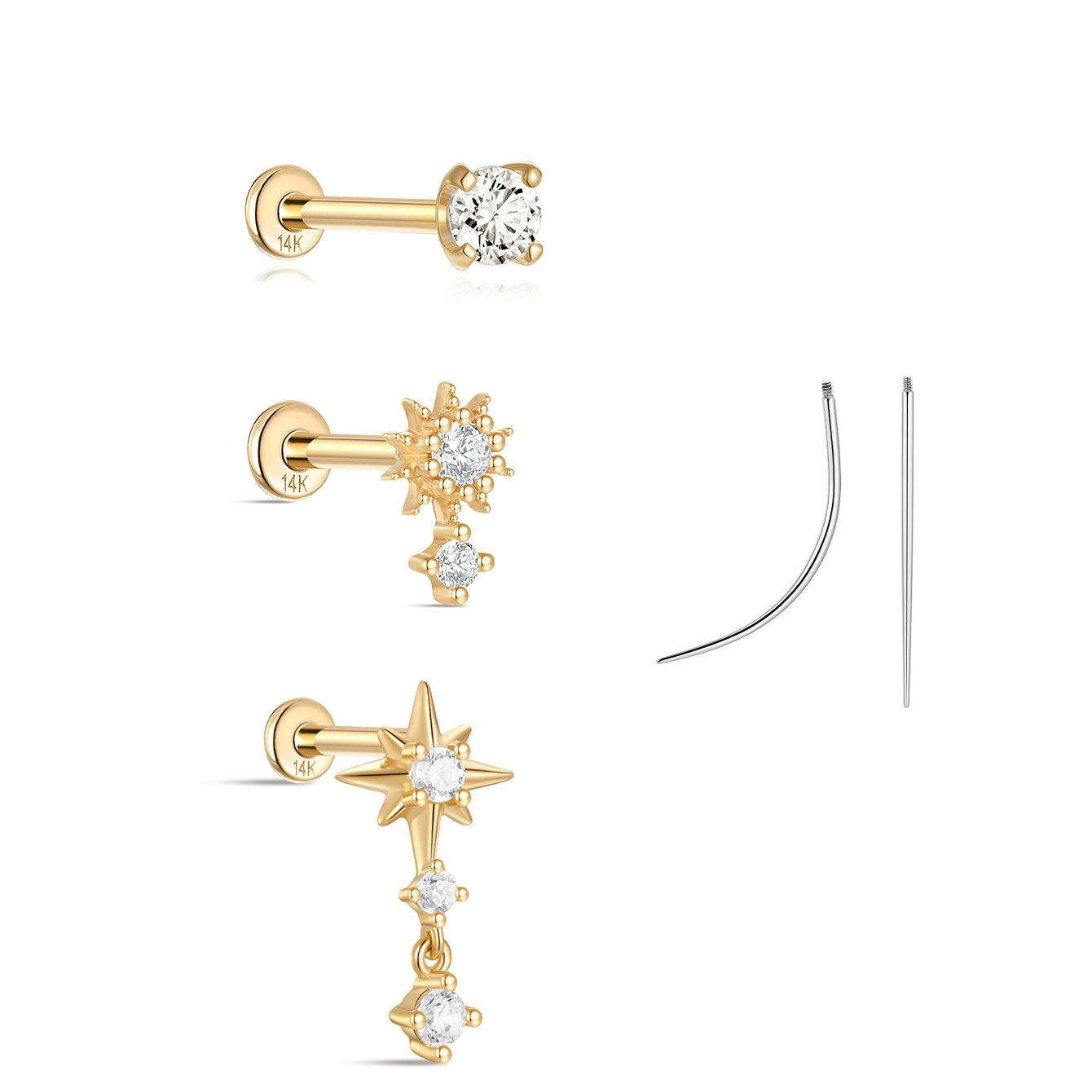 14-karätiges Massivgold-Flatback-Stern-Set