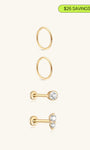 Kosiner 14K Solid Gold Flatback Earring Set with Hoops, Bezel CZ Stud and Cluster Stud for Ear Piercing