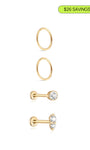 Kosiner 14K Solid Gold Flatback Earring Set with Mini Hoops, Bezel CZ Stud and Cluster Stud