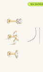 14K solid gold flatback earrings set, internally threaded labret with marquise cluster, round stud and bezel stud
