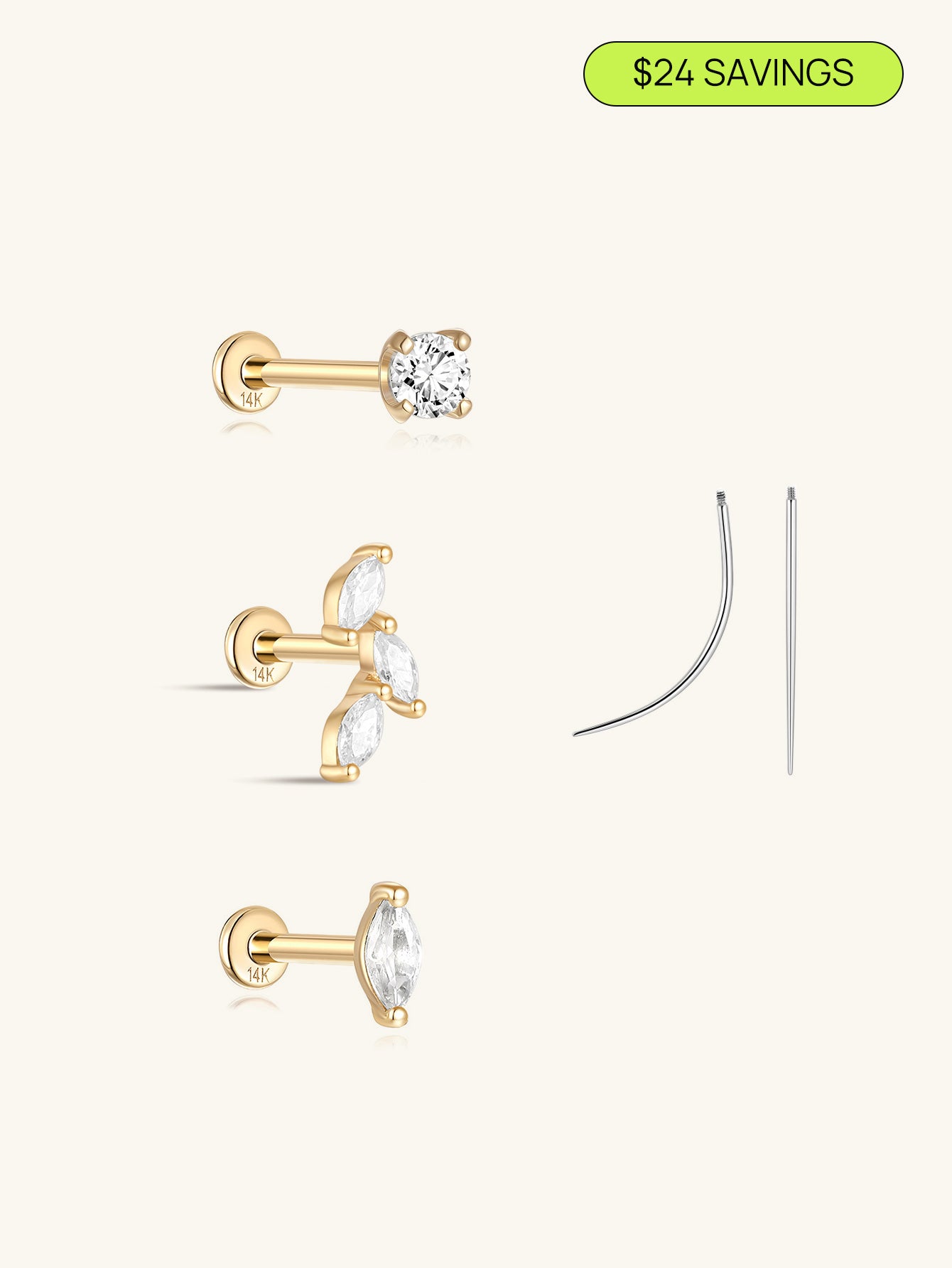 14K Solid Gold Flatback Marquise Set - Kosinerjewelry-Earrings