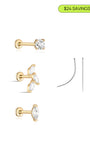 14K yellow gold flatback earrings set with round stud, marquise cluster and bezel stud with insertion tool