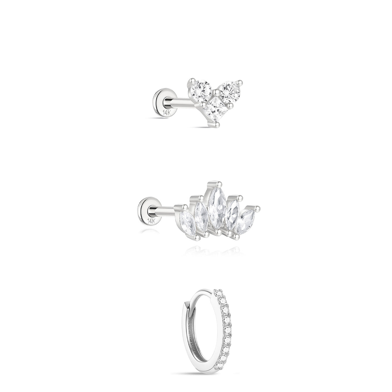 14K solid white gold flatback earrings size chart in mm for ear stack studs and huggie hoop