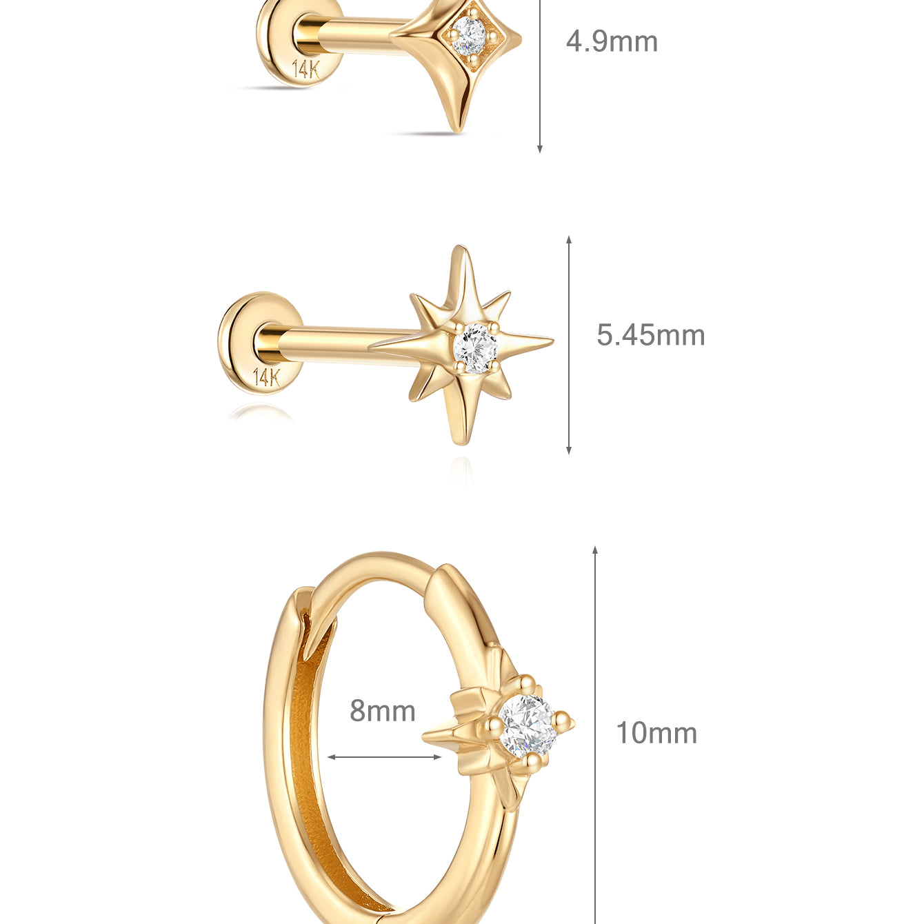 Basic Star Flatback Set in 14K Solid Gold