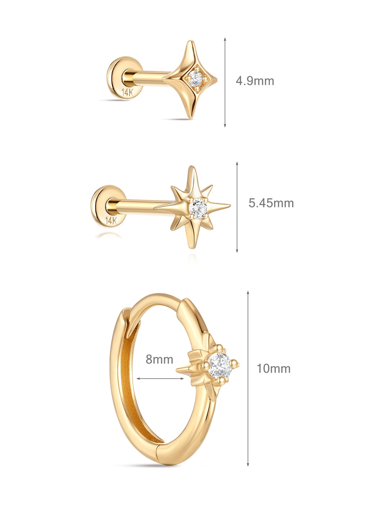 Basic Star Flatback Set in 14K Solid Gold