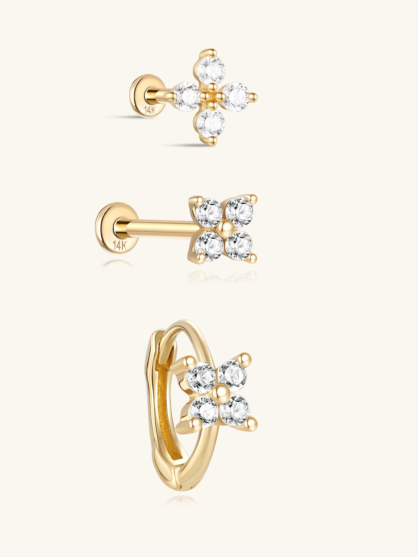 Four Petal Flowers Flatback Set in 14K Solid Gold