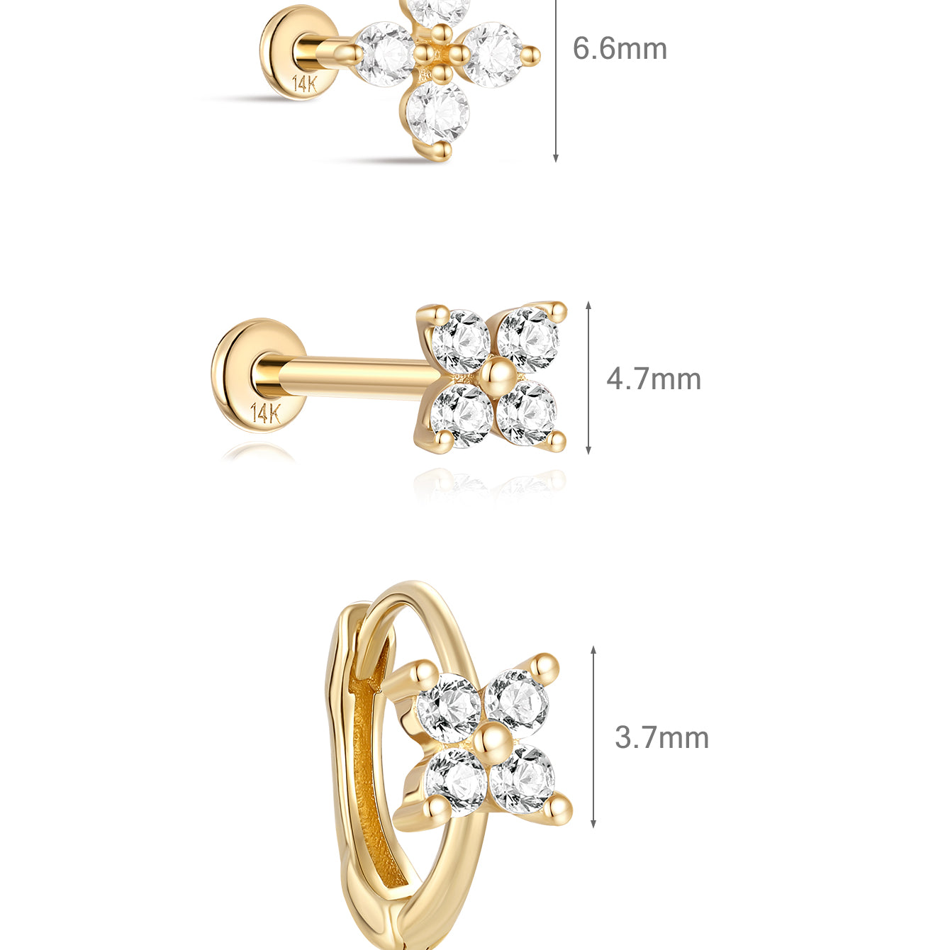 Four Petal Flowers Flatback Set in 14K Solid Gold