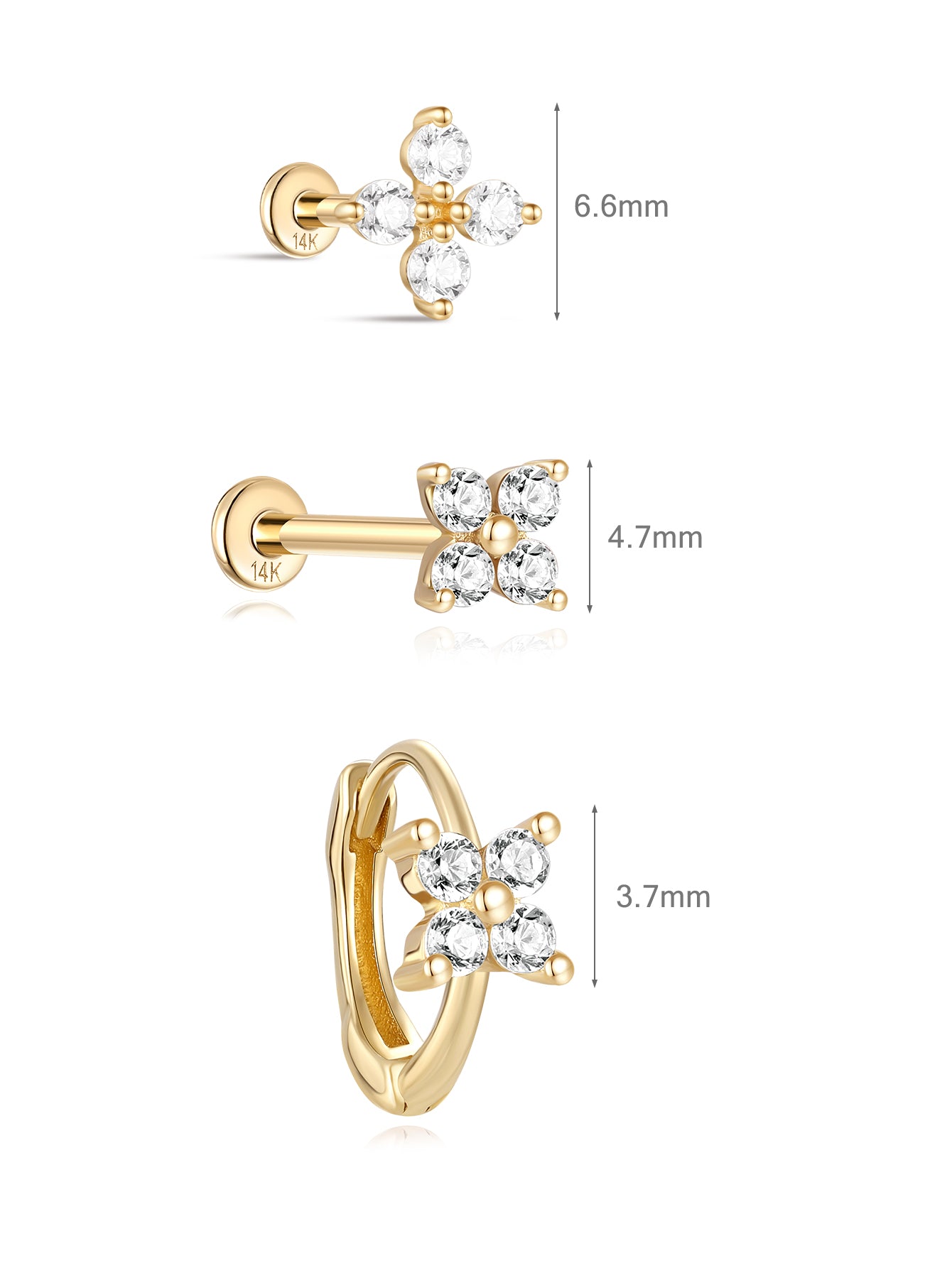 Four Petal Flowers Flatback Set in 14K Solid Gold