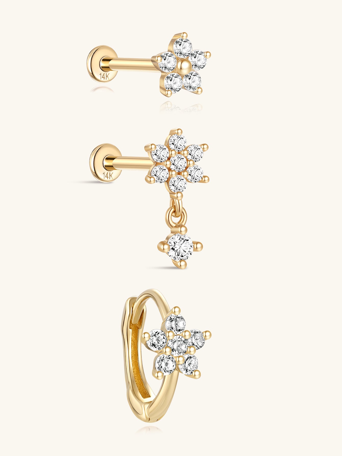 Flower CZ Flatback Set in 14K Solid Gold