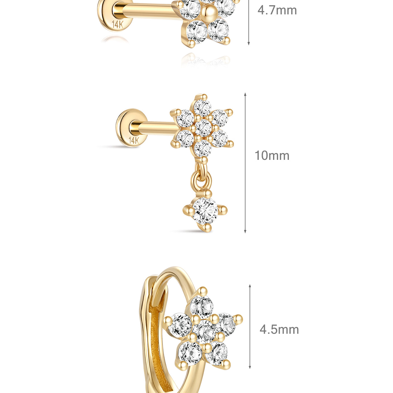 Flower CZ Flatback Set in 14K Solid Gold