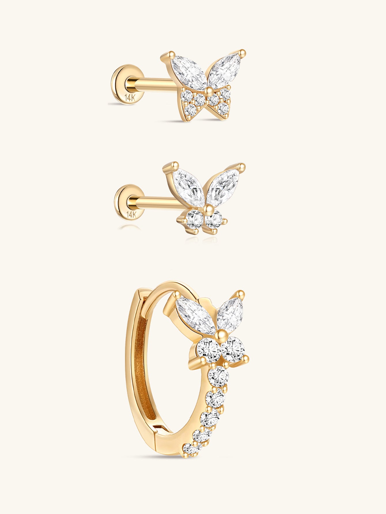 Butterfly CZ Flatback Set in 14K Solid Gold
