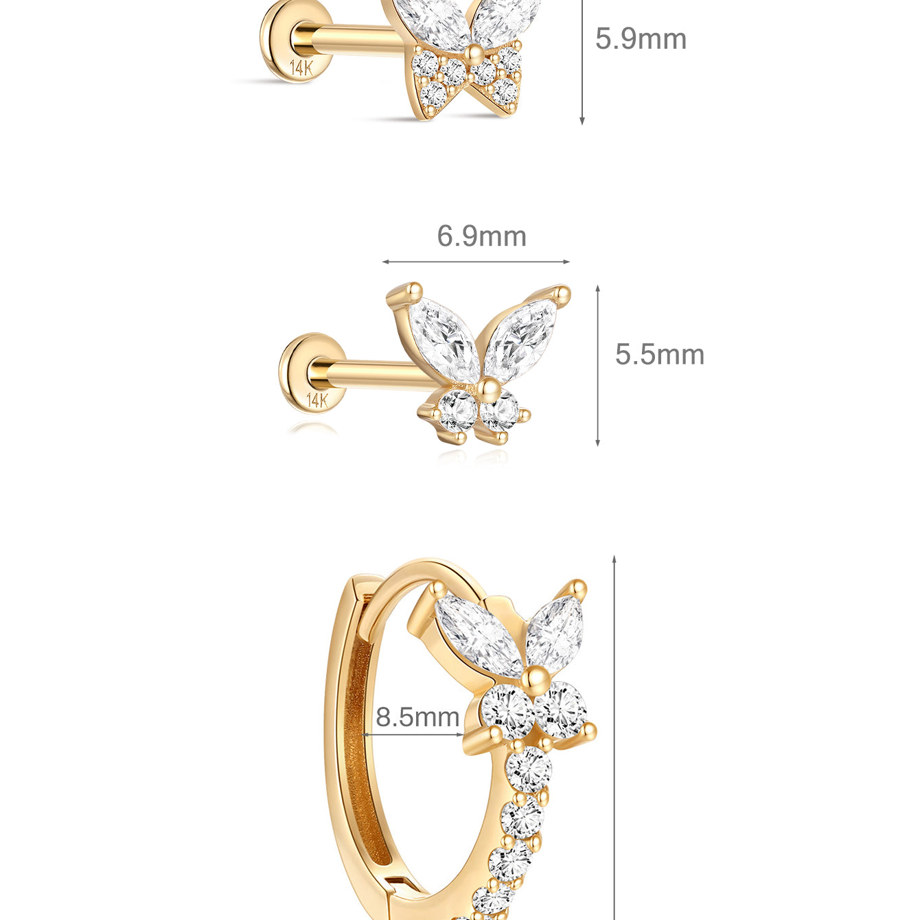 Butterfly CZ Flatback Set in 14K Solid Gold