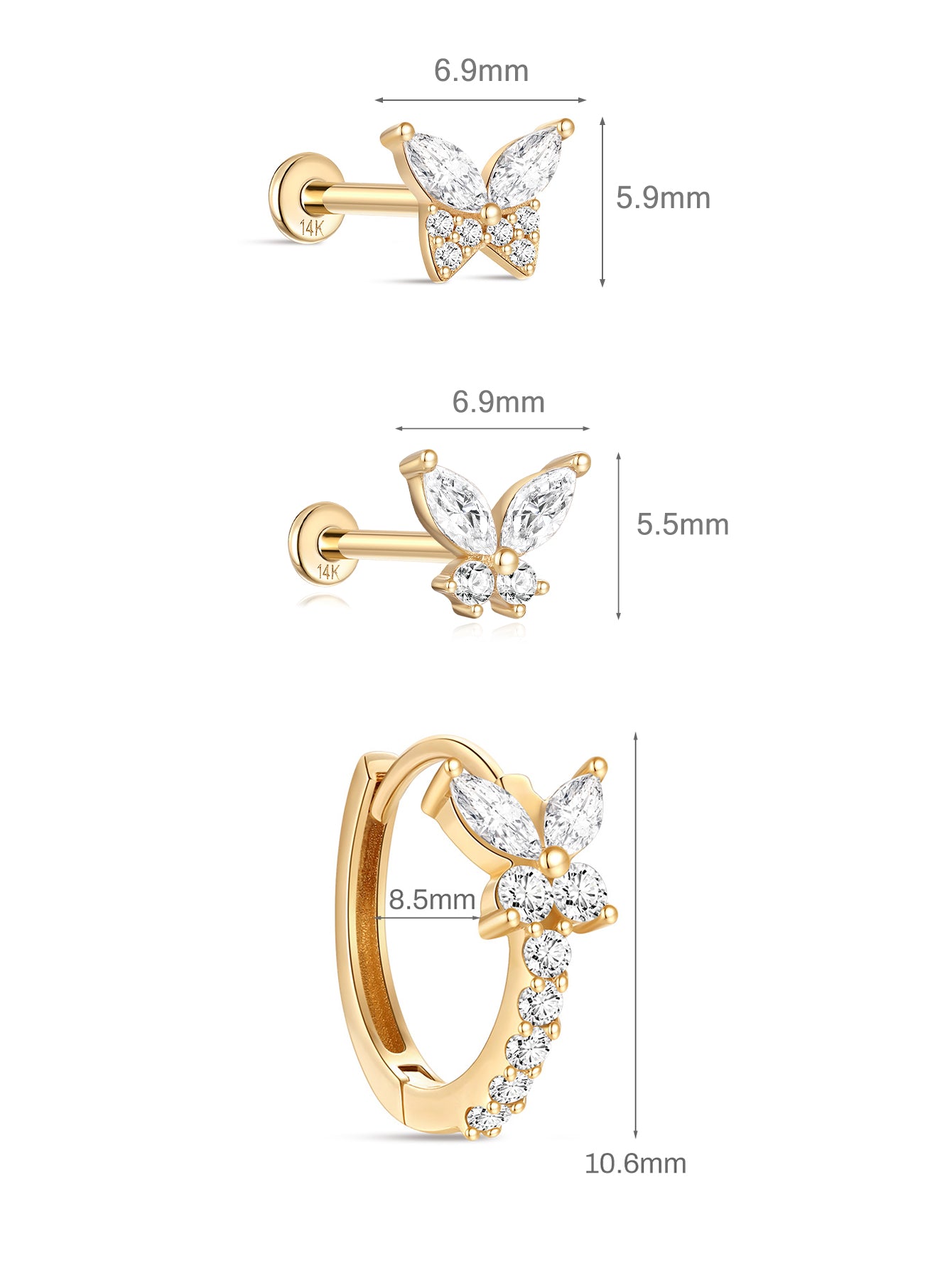 Butterfly CZ Flatback Set in 14K Solid Gold
