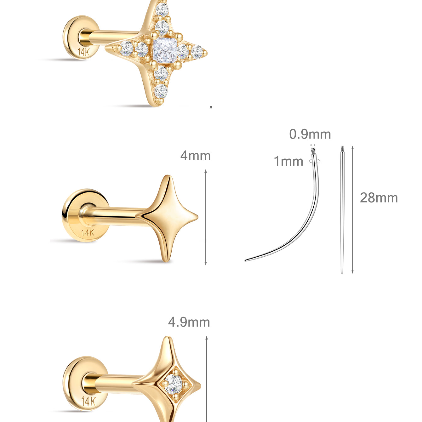 Pave Radiant Star  Flatback Set in 14K Solid Gold