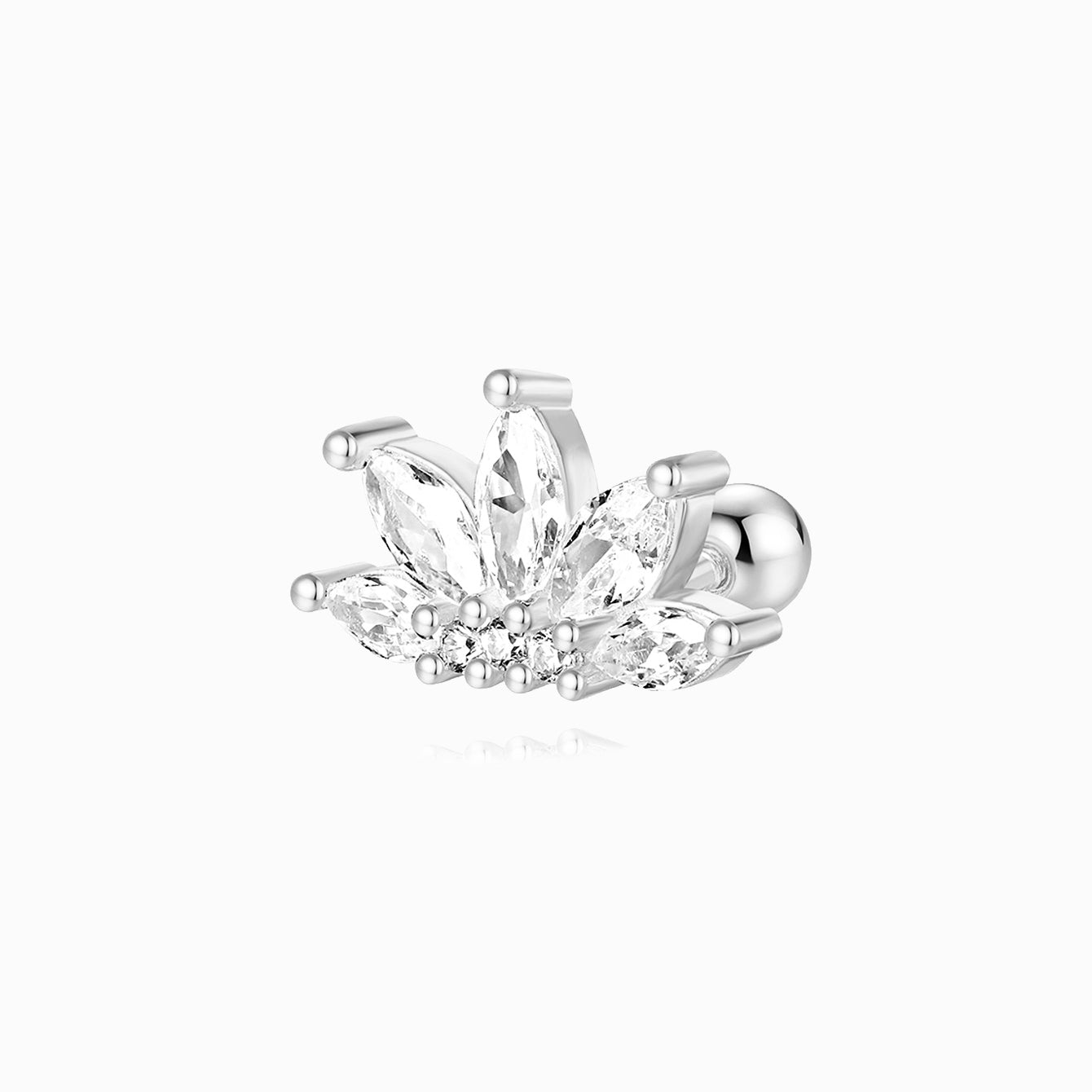 Sterling silver five-lobed ear piercing stud with floral marquise CZ stones and screw back.