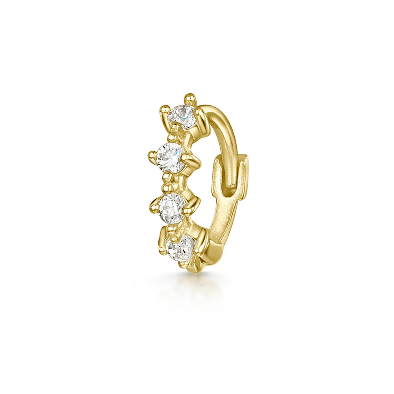 Single 925 Sterling Silver 18K gold plated hoop earring with 4 clear cubic zirconia stones.