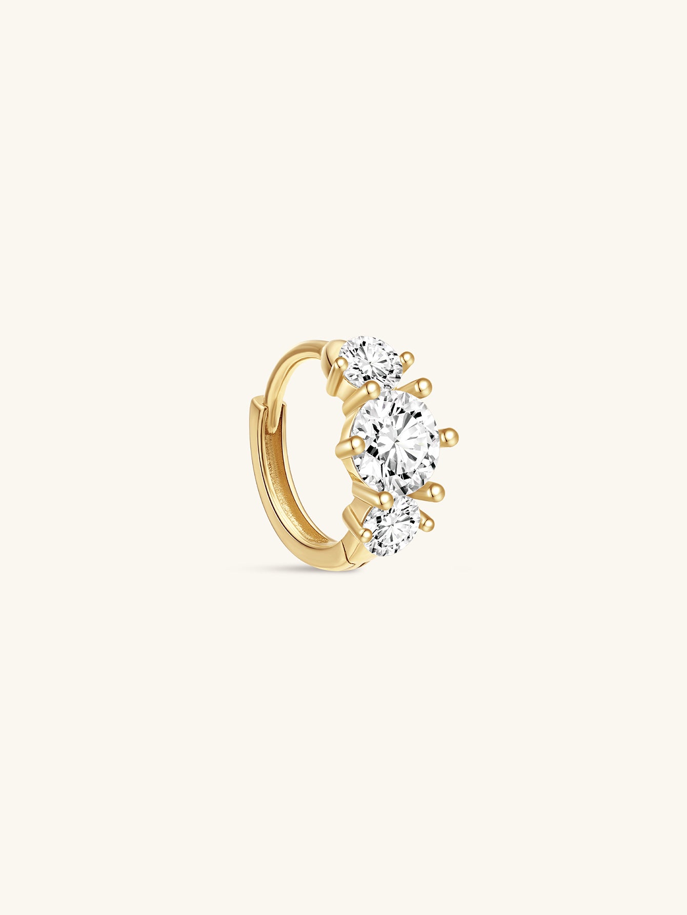 925 Sterling Silver Trio Round Zircon Hoop Earring 6MM - 18K Gold Plated hoop earring with three clear cubic zirconia stones.