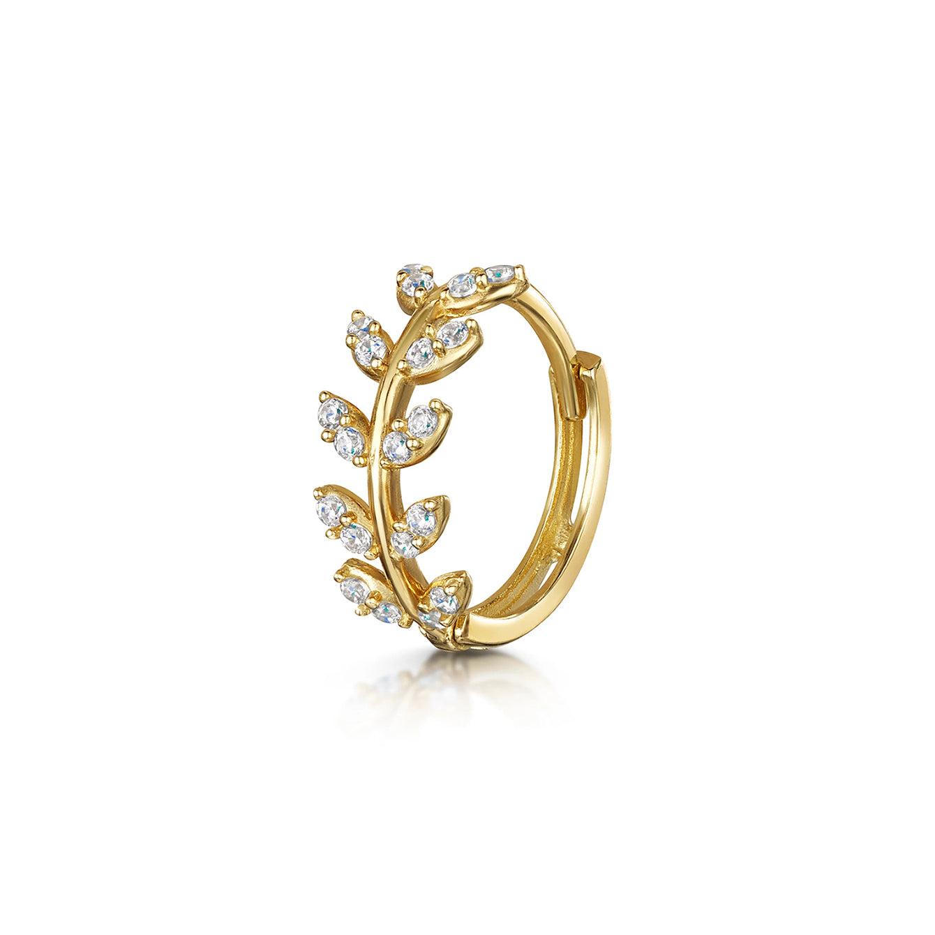 18K gold plated sterling silver 16g hoop earring with delicate leaf design and cubic zirconia stones.