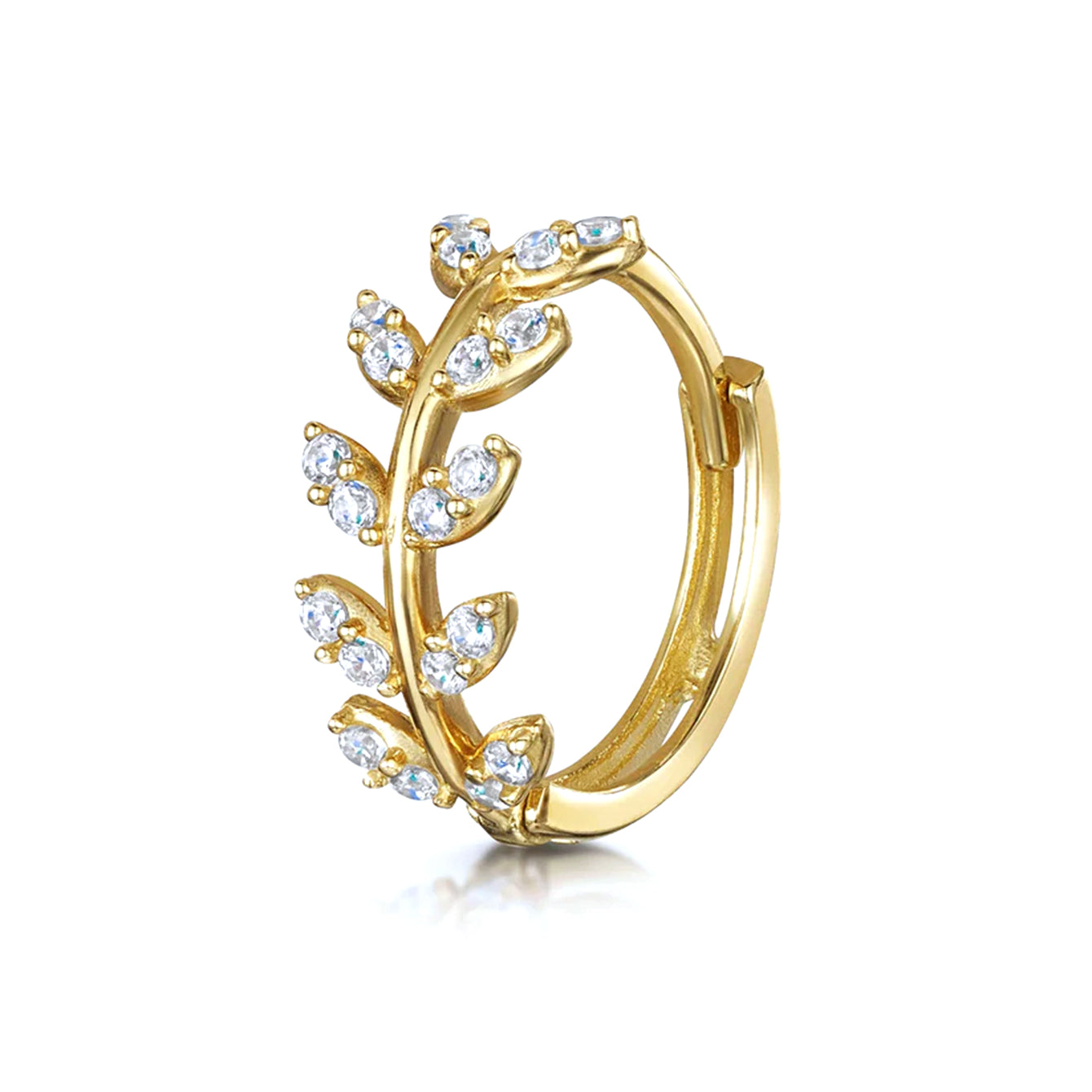 18K gold-plated sterling silver single stud earring with leaf design and clear cubic zirconia stones.