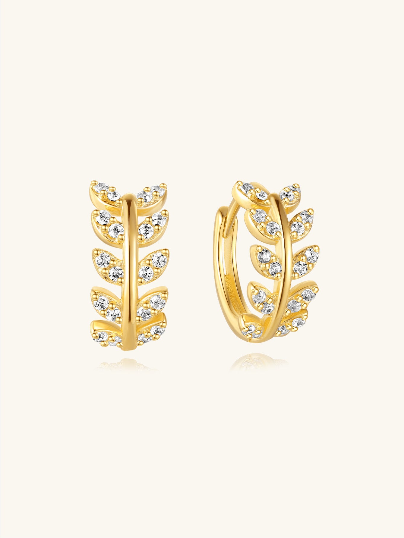 Gold sterling silver leaf earrings with cubic zirconia, 16g cartilage lobe jewelry.