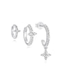 Kosiner 3-piece sterling silver hoop earring set with floral Zircon stones, one featuring a dangling charm.