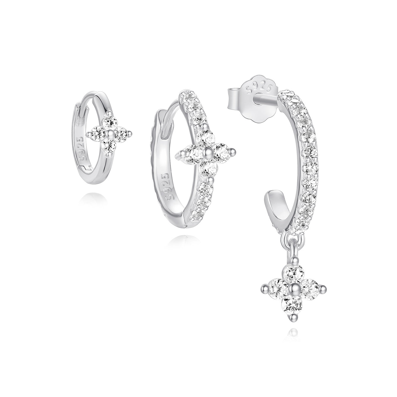 Kosiner 3-teiliges Creolen-Set aus Sterlingsilber mit floralen Zirkonsteinen, einer davon mit baumelndem Anhänger.