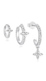 Kosiner 3-teiliges Creolen-Set aus Sterlingsilber mit floralen Zirkonsteinen, einer davon mit baumelndem Anhänger.
