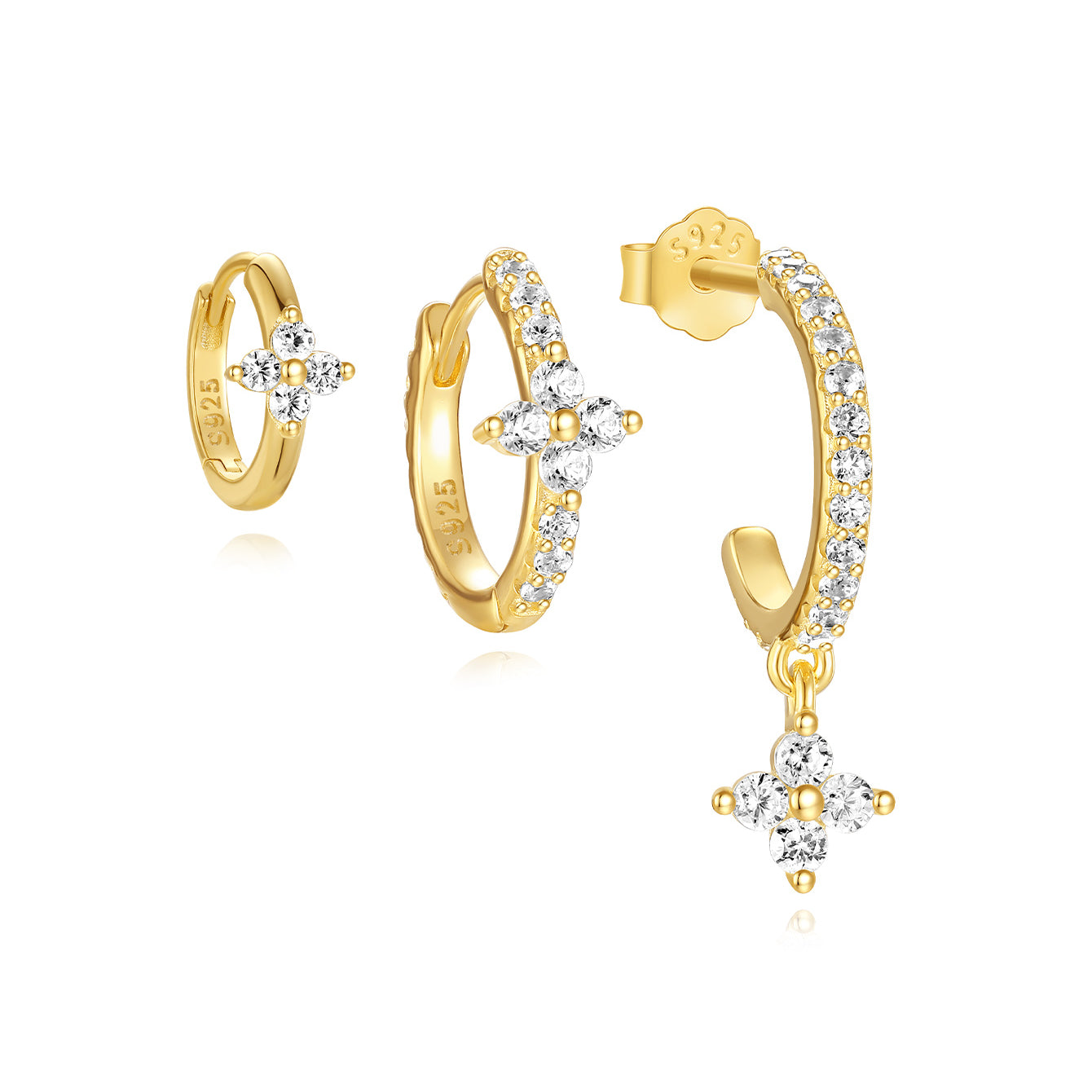 Kosiner 3-piece sterling silver hoop earring set with zircon floral charms.