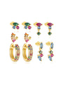 Gold-plated 925 sterling silver irregular earring set with colorful marquise, round, and baguette CZ stones.