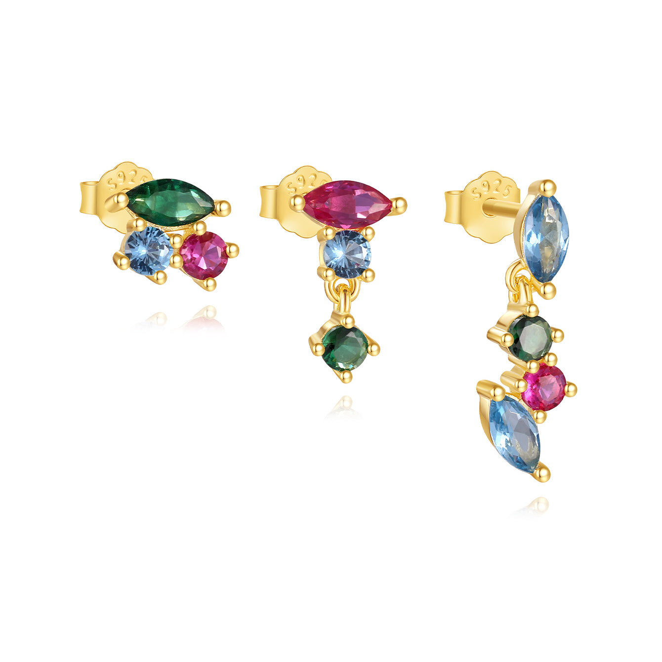 925 Sterling Silver colorful zircon irregular earrings set with marquise and round stones, gold-plated.