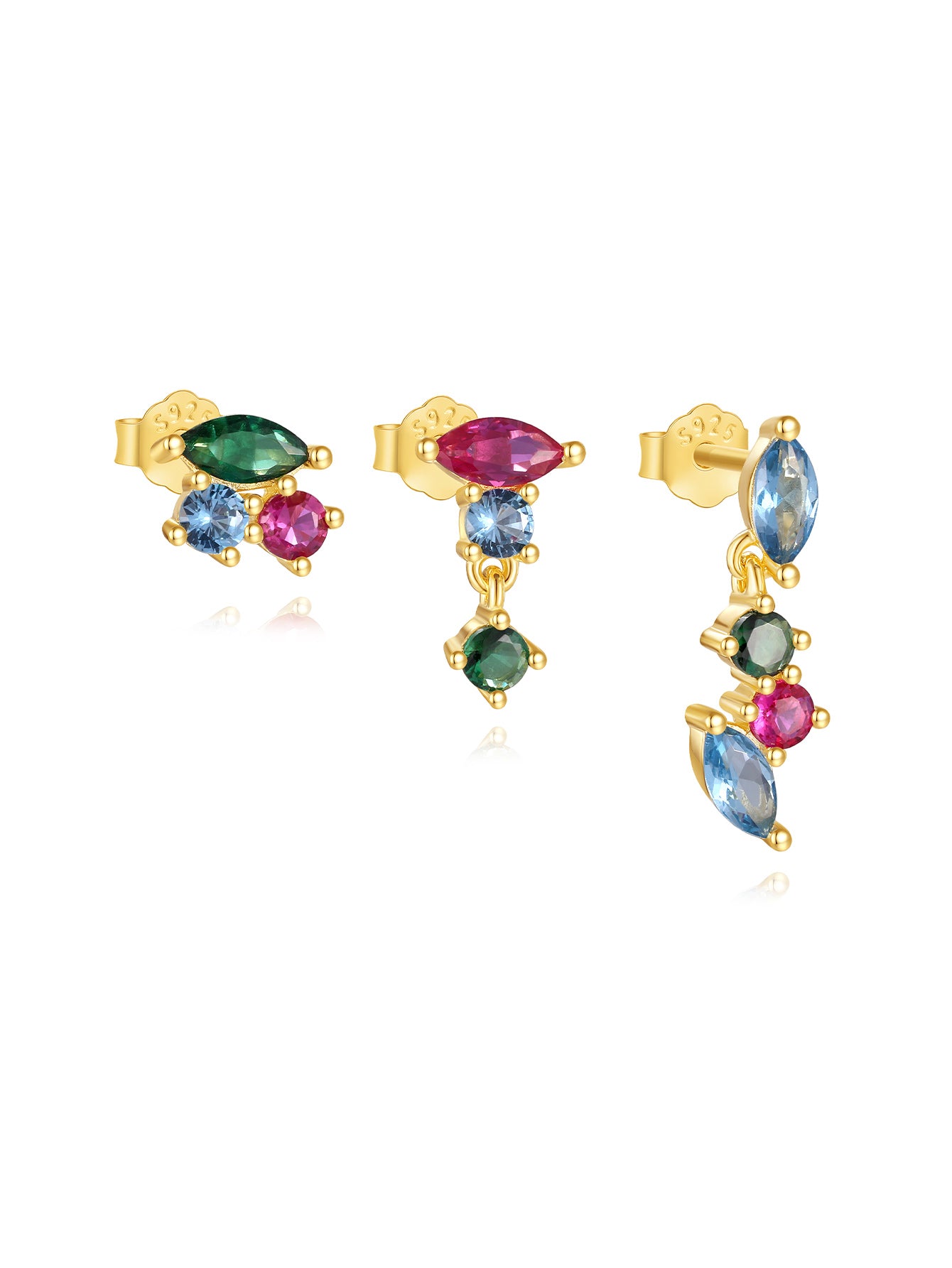 925 Sterling Silver colorful zircon irregular earrings set with marquise and round stones, gold-plated.