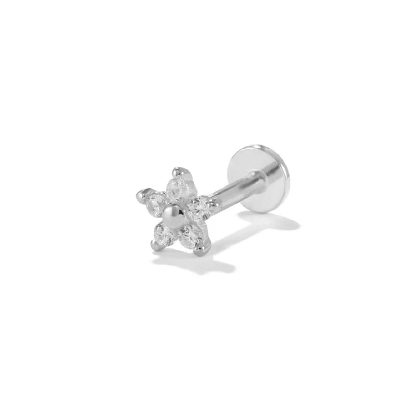 925 Sterling Silver flower stud piercing with AAAAA cubic zirconia and flat back, 16G.