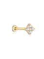14K solid gold four flower stud earring with clear cubic zirconia, flatback labret design, 18G.