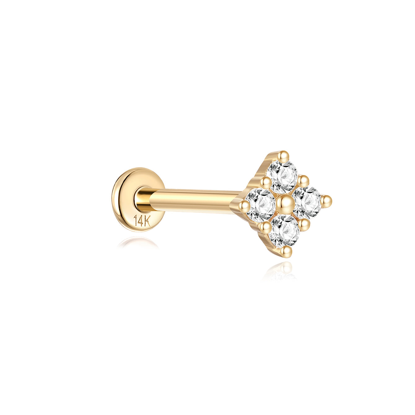 14K solid gold four flower stud earring with clear cubic zirconia, flatback labret design, 18G.