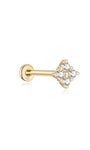 Orecchino a bottone a quattro fiori in oro massiccio 14K con zirconi trasparenti, design labret con fondo piatto, 18G.