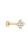 14K solid gold four flower stud earring with clear cubic zirconia, flatback labret design, 18G.