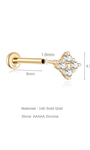 Perno per piercing all'orecchio a quattro fiori in oro massiccio 14K con zirconi cubici, perno da 8 mm, 18 G, labret con retro piatto.