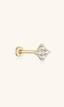 Perno per piercing all'orecchio a quattro fiori in oro massiccio 14K con pietre di zirconia cubica trasparenti, design labret con retro piatto.