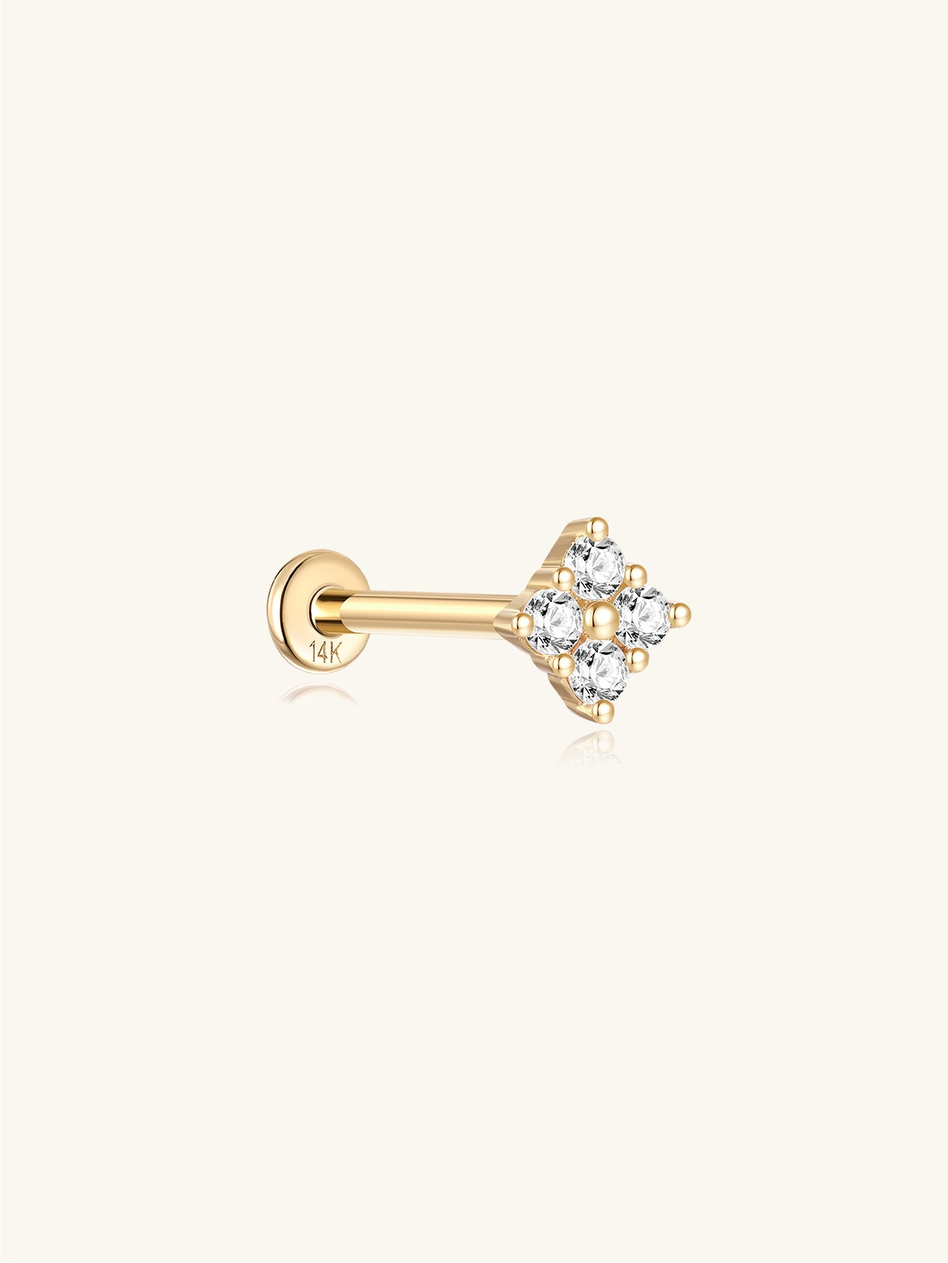 14K solid gold four flower ear piercing stud with clear cubic zirconia stones, flatback labret design.