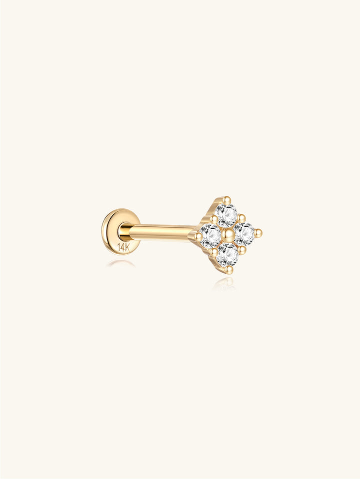 14K solid gold four flower ear piercing stud with clear cubic zirconia stones, flatback labret design.