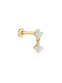 14K solid gold flatback stud earring with two prong-set cubic zirconia, one fixed, one dangling.