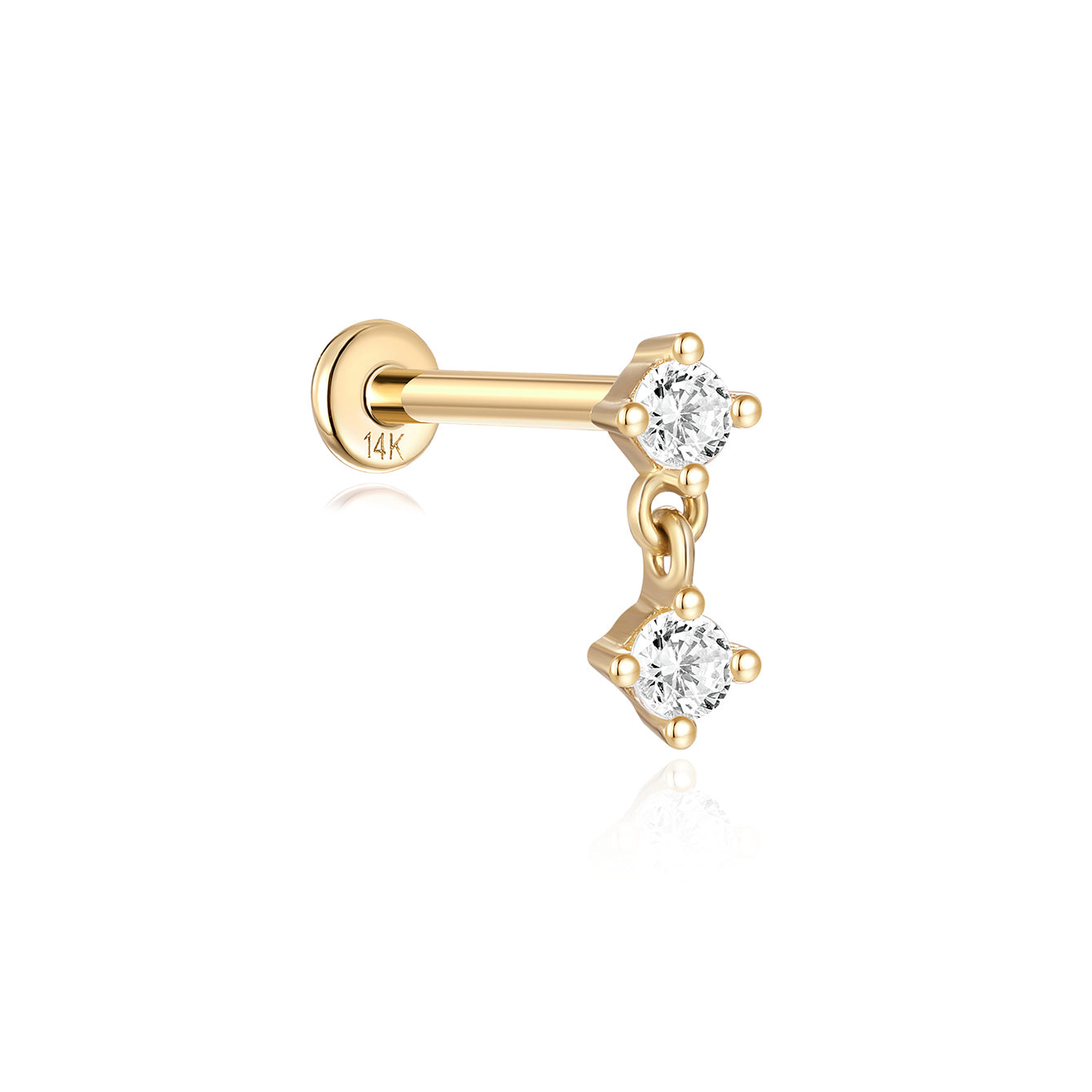 14K solid gold flatback stud earring with two prong-set cubic zirconia, one fixed, one dangling.