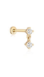 14K solid gold flatback stud earring with two prong-set cubic zirconia, one fixed, one dangling.