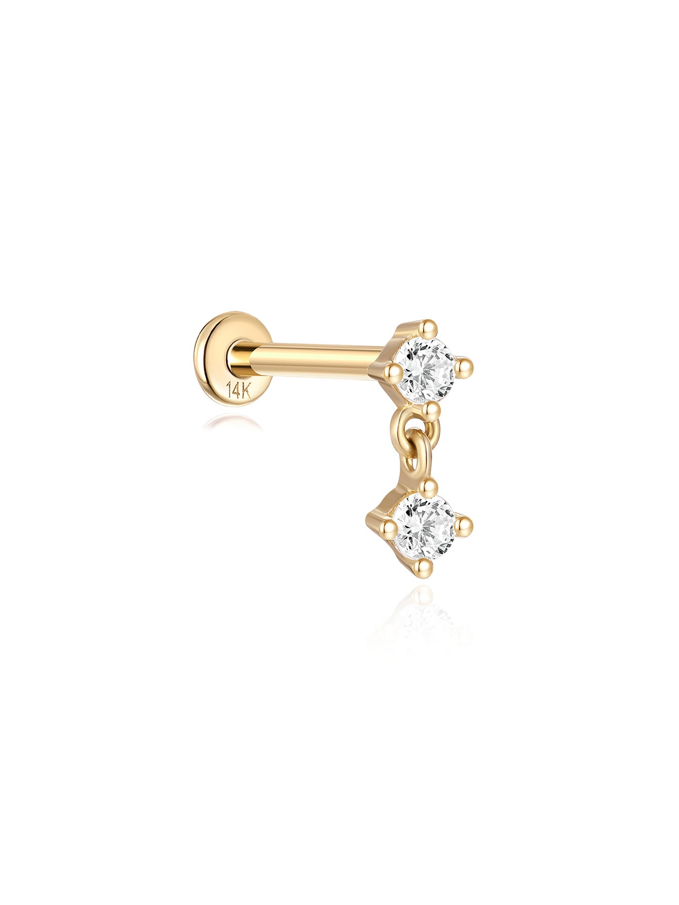 14K solid gold flatback stud earring with two prong-set cubic zirconia, one fixed, one dangling.
