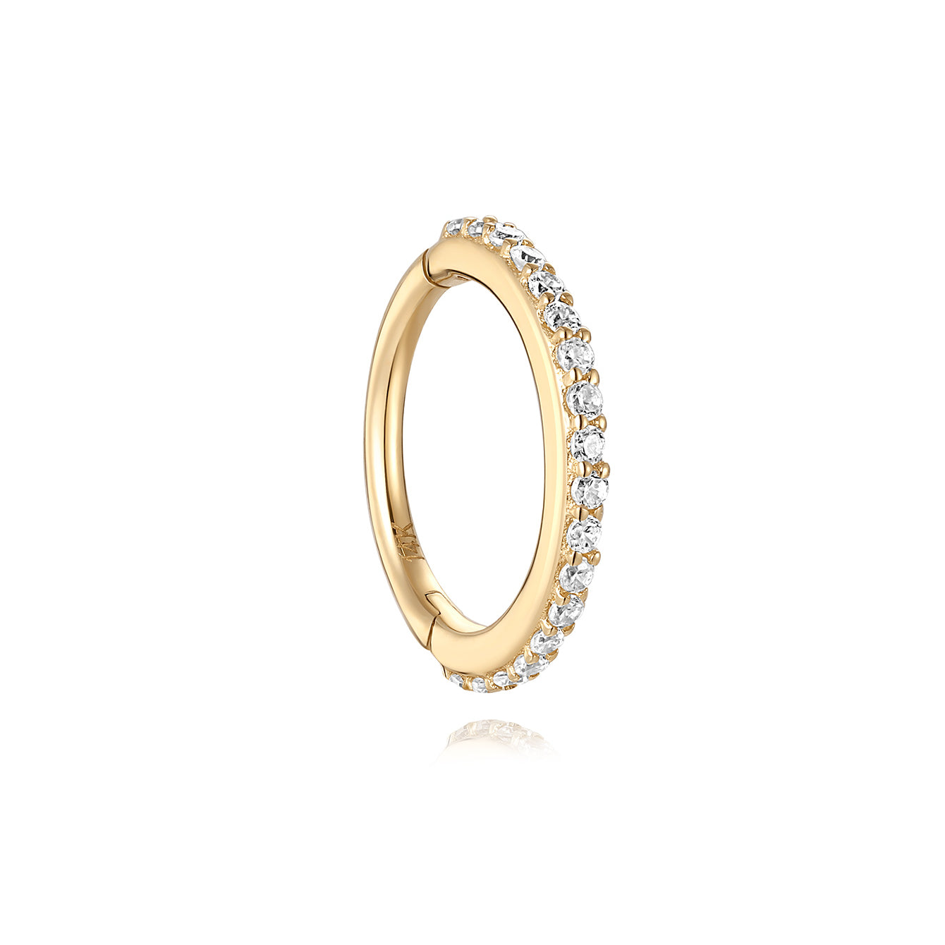 14K solid gold 8mm huggie hoop earring with channel-set cubic zirconia stones, polished finish.