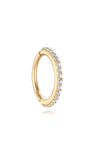 14K solid gold 8mm huggie hoop earring with channel-set cubic zirconia stones, polished finish.