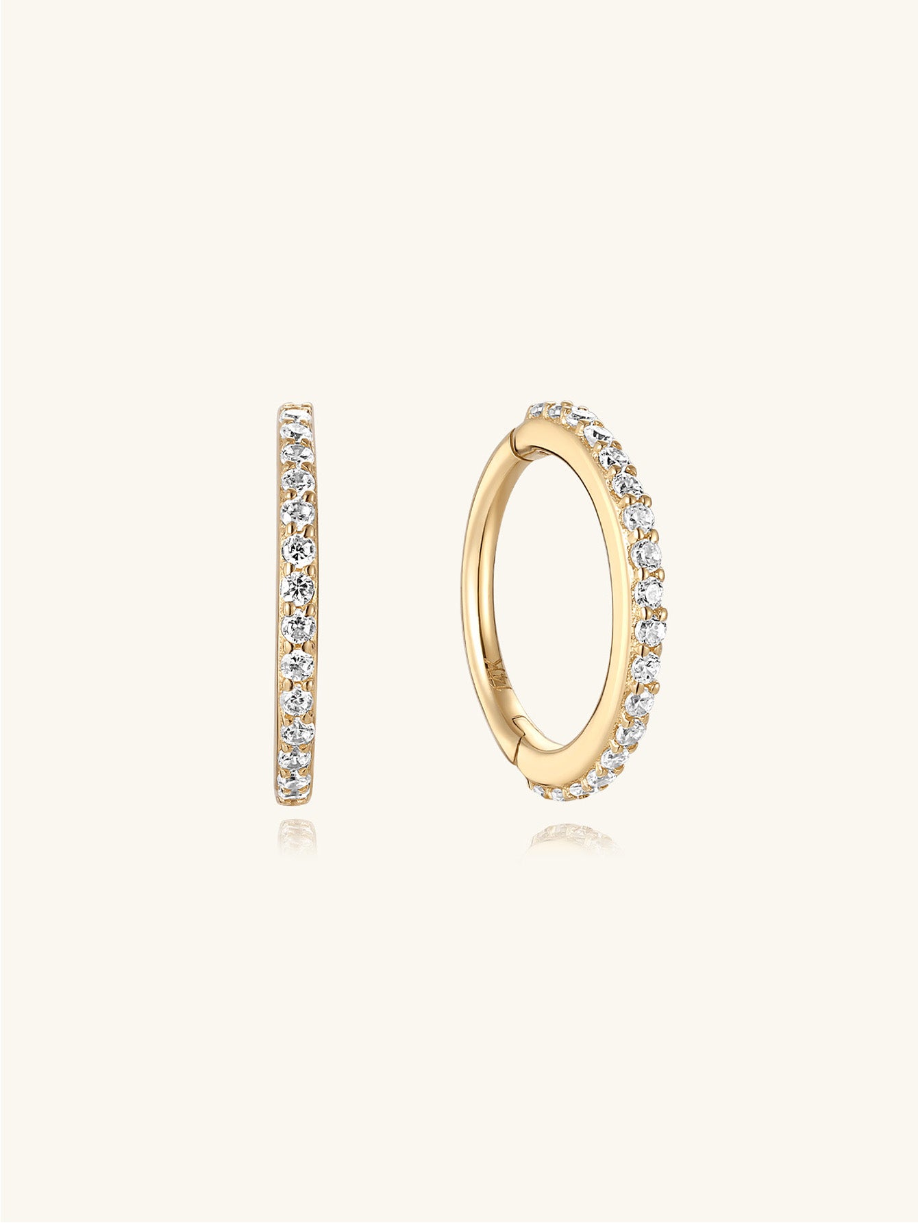 14K Solid Gold 8mm Pave Eternity Hoop Huggie Earrings with Cubic Zirconia.