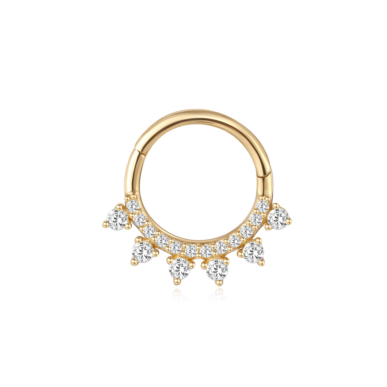 14K gold clicker hoop earring with prong-set teardrop cubic zirconia and a line of round crystals.